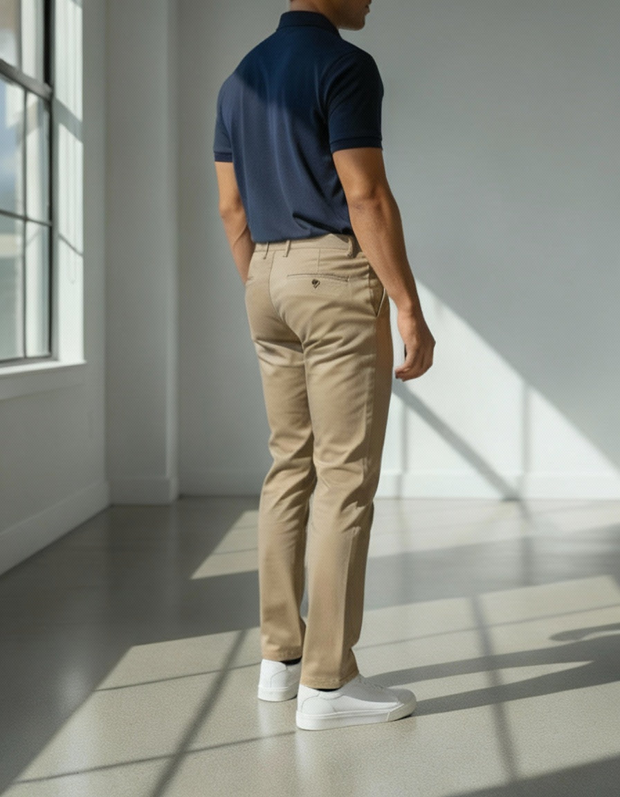 Person wearing a navy polo shirt and beige pants standing in a well-lit room with sunlight casting shadows on the floor.