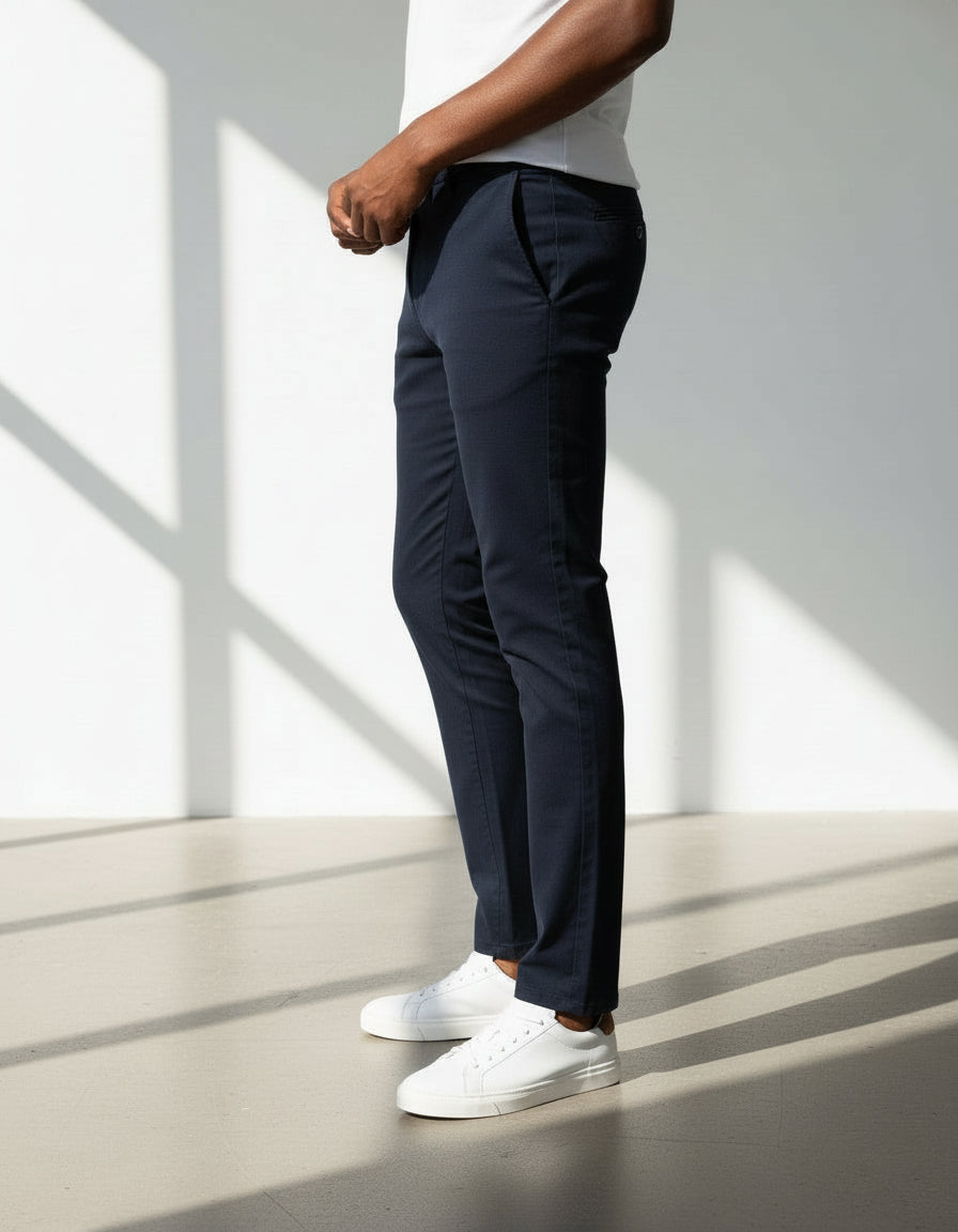 Person wearing navy pants and white sneakers standing in a well-lit room with shadows on the floor.