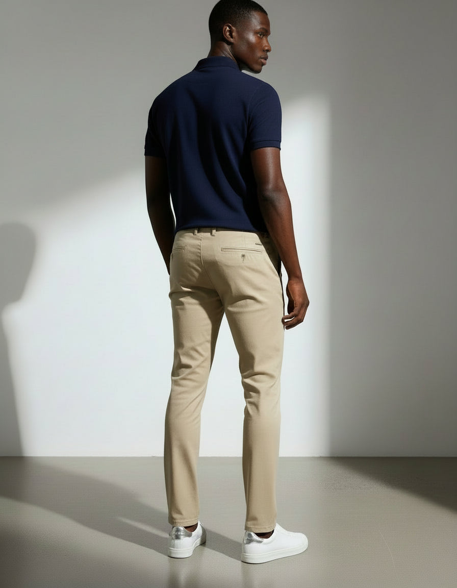Man wearing a navy polo shirt and beige pants standing against a plain background