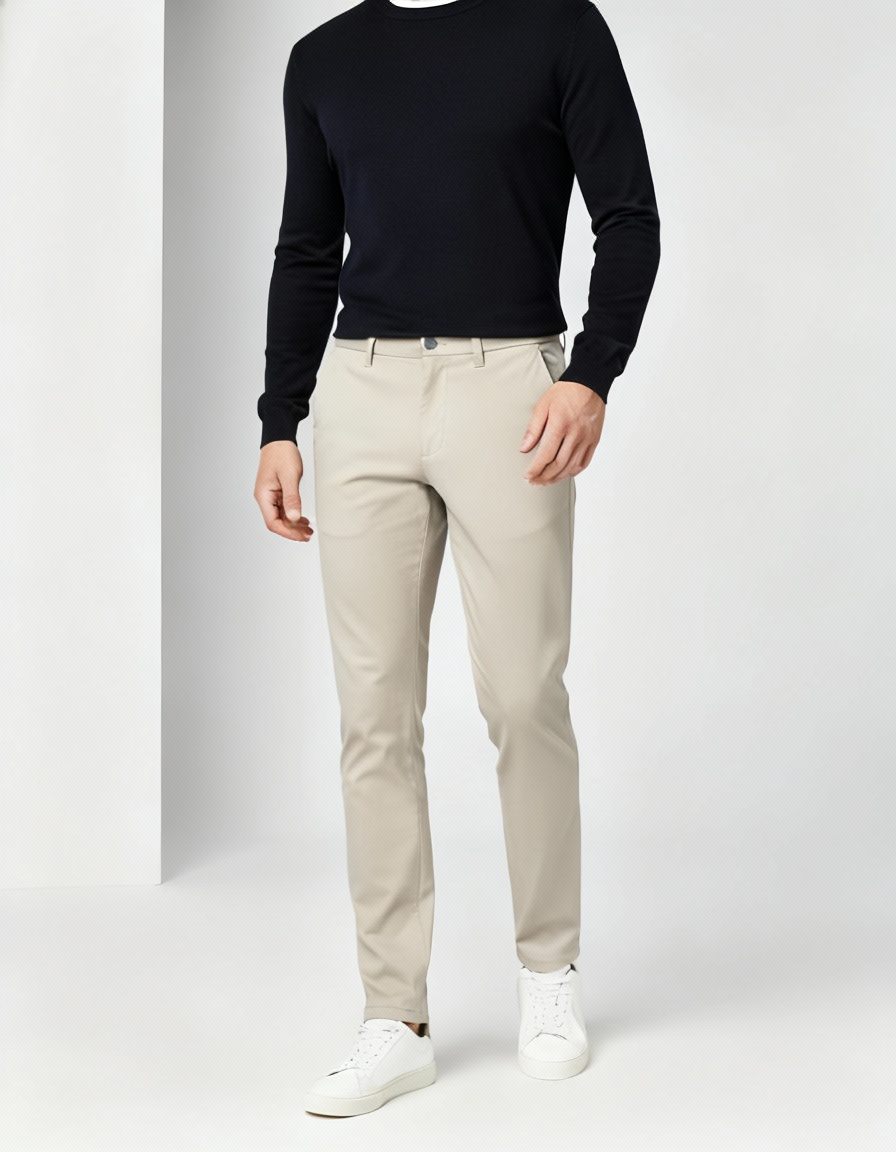 Person wearing a black sweater and beige pants on a white background