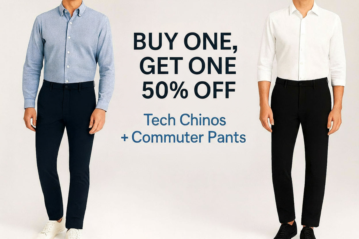 Two people wearing Tech Chinos and Commuter Pants with promotional text on a white background