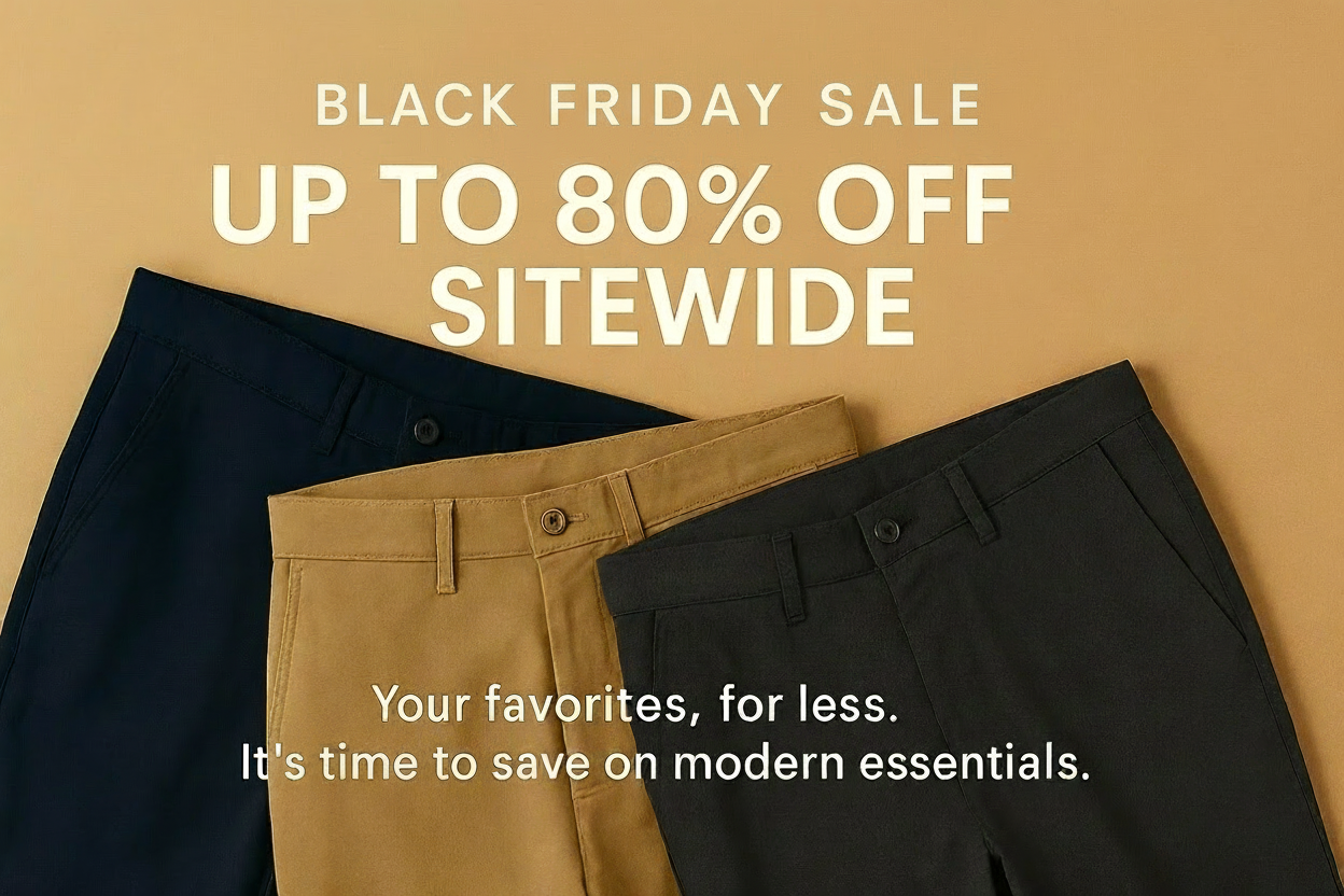 Promotional banner for Black Friday sale with pants on a beige background