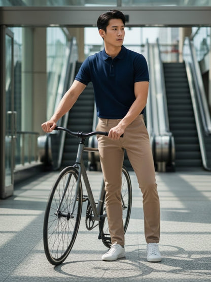 Man in navy polo shirt and beige pants standing next to a bicycle in an indoor setting.