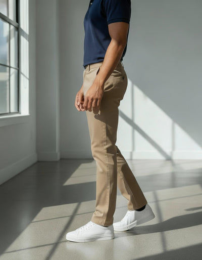 Person wearing a navy shirt, beige pants, and white sneakers in a bright room with sunlight streaming in.