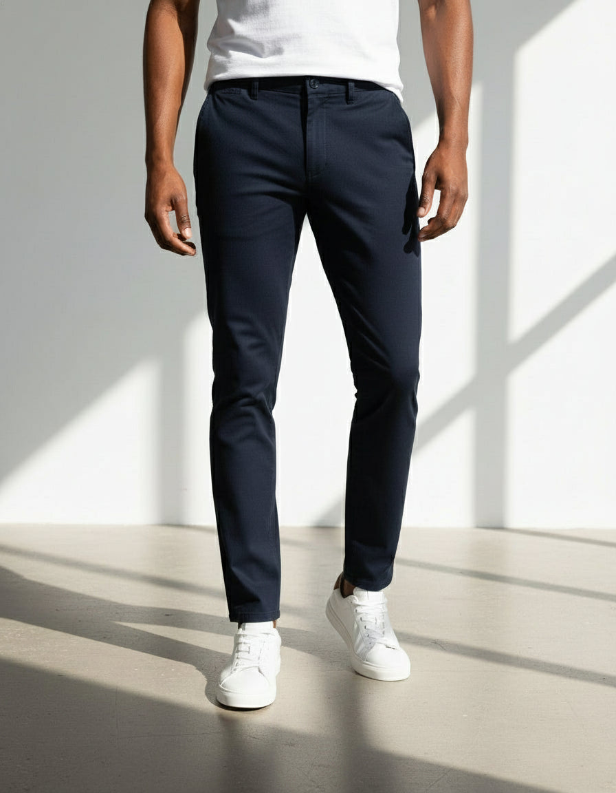 Person wearing navy pants and white sneakers on a light background