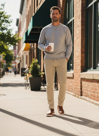 Man walking on a sidewalk holding a coffee cup, wearing a gray sweater and beige pants.