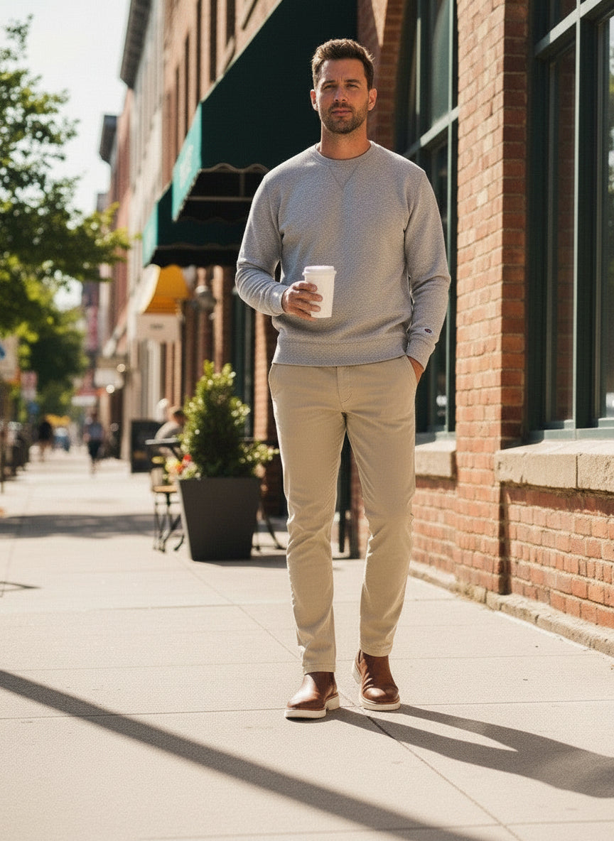Man walking on a sidewalk holding a coffee cup, wearing a gray sweater and beige pants.