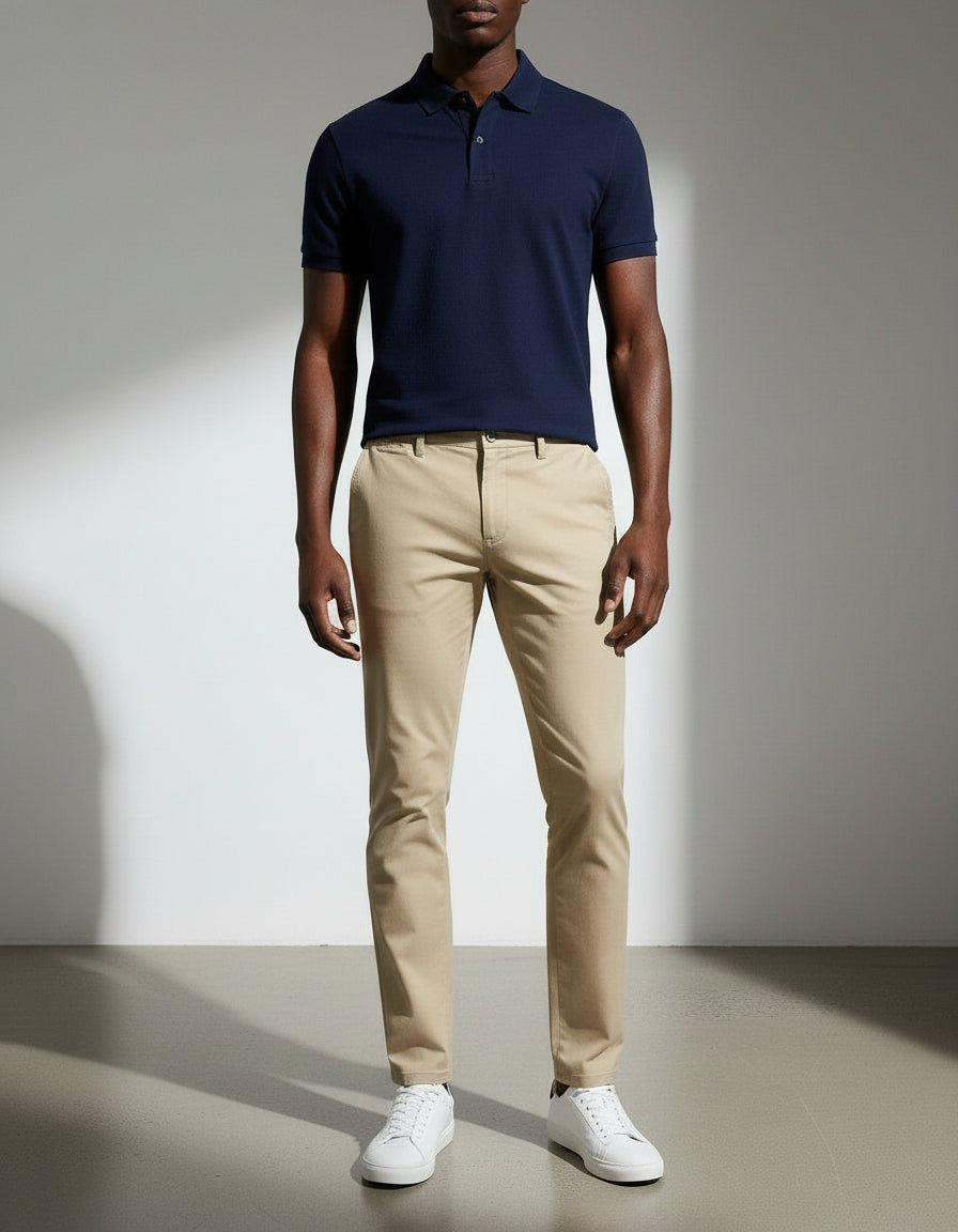 Person wearing a navy polo shirt and beige pants with white shoes on a neutral background