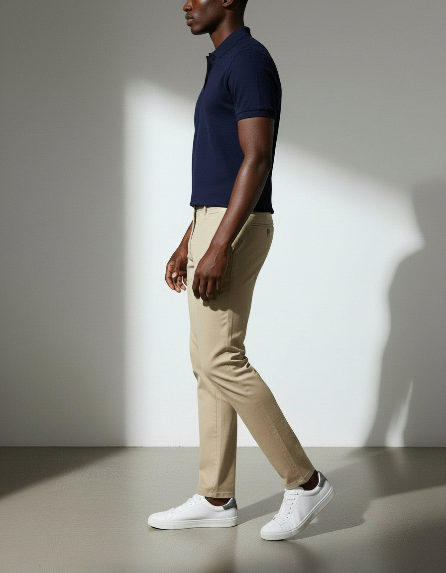 Man wearing a navy polo shirt, beige pants, and white sneakers against a neutral background