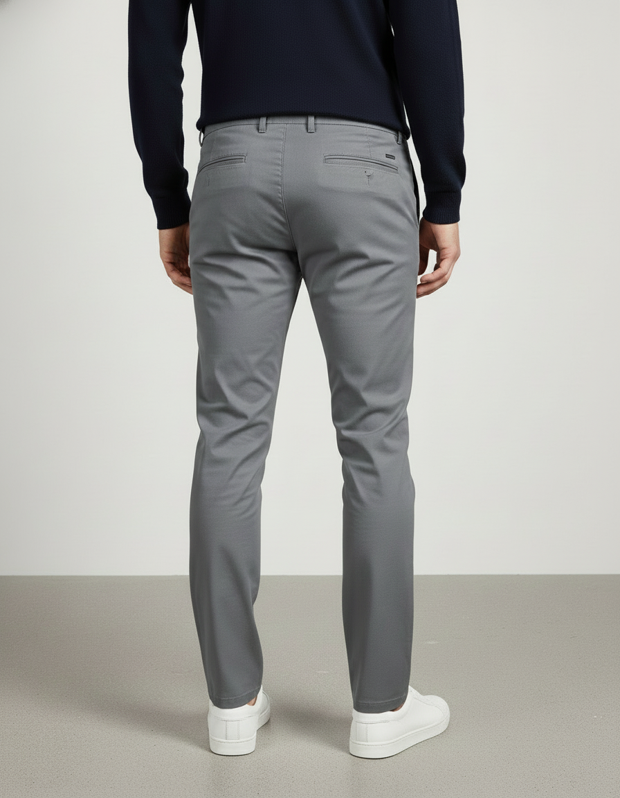 Person wearing gray pants and a navy sweater on a plain background